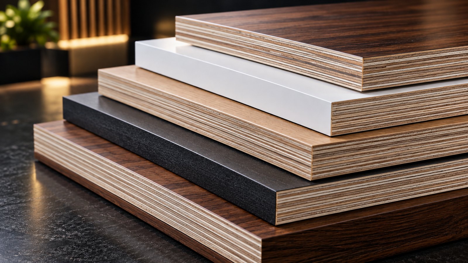 Close-up of laminated board and plywood edges in different finishes