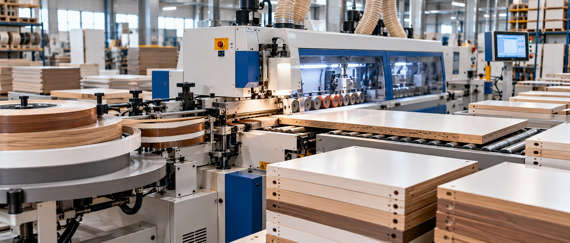 Edge-banding line processing laminated panels on the PanelFlow production floor